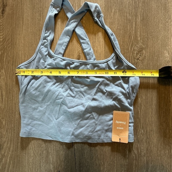 SHEIN Blue Ribbed Crop Top with Cross-Back Design - Picture 3 of 4